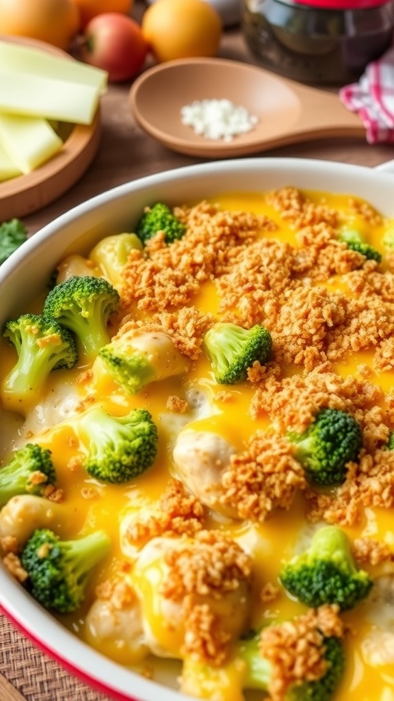 Cheesy chicken and broccoli casserole in a colorful dish, topped with breadcrumbs, served in a cozy kitchen.